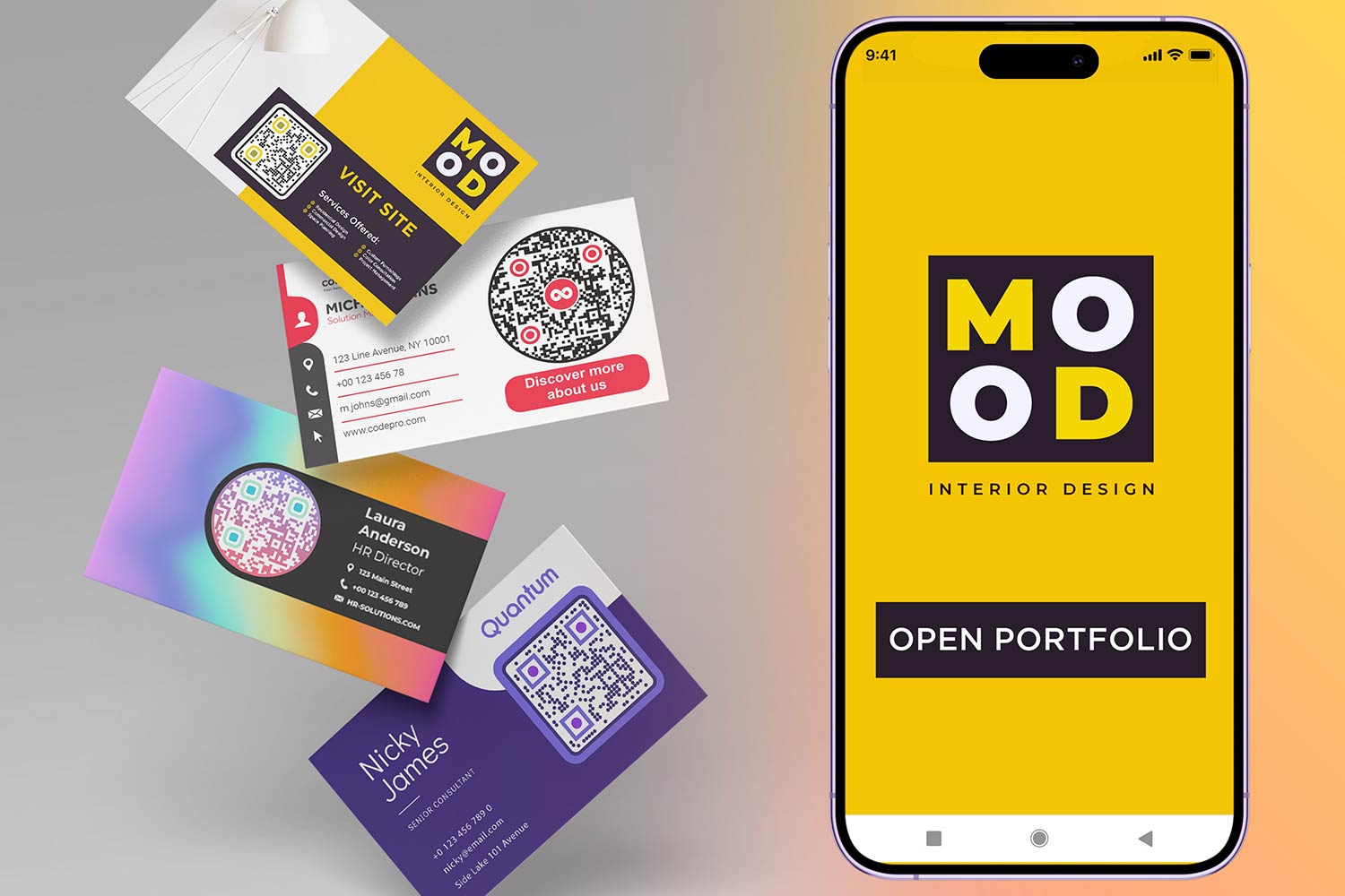 Una selección de tarjetas de visita diseñadas profesionalmente con códigos QR integrados