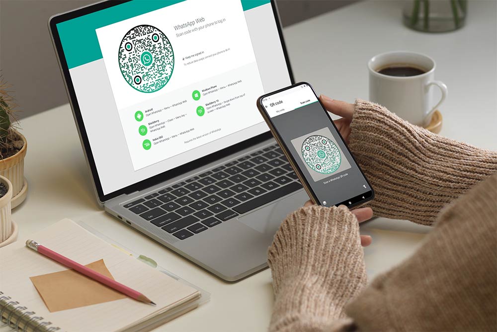 Illustration demonstrating how to log into WhatsApp Web using a QR code scan