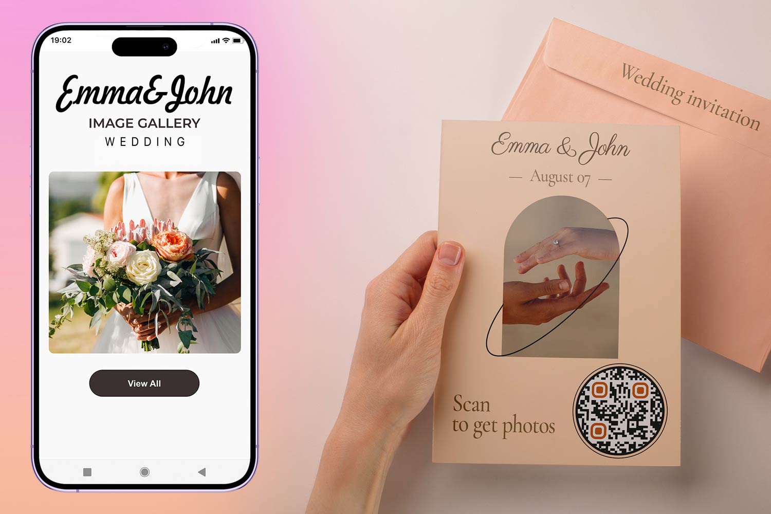 Eine Hochzeitseinladung mit einem QR-Code zum einfachen Teilen von Fotos mit Gästen