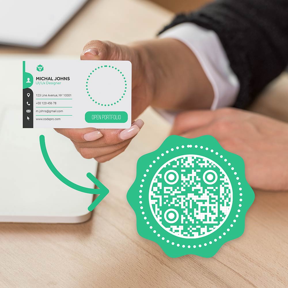 Ett visitkort med en URL som omvandlas till en QR-kod för direkt åtkomst till en digital portfölj