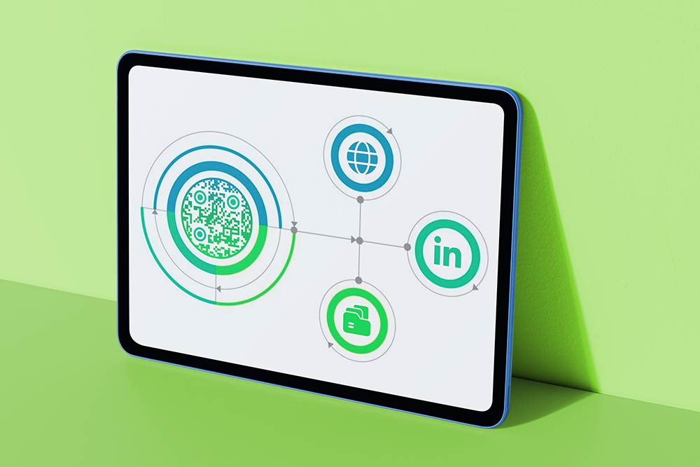 Verschillende potentiële QR code bestemmingen zoals een website, LinkedIn en portfolio