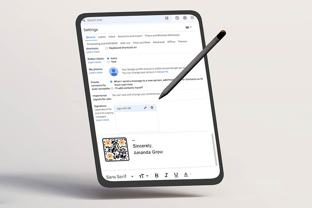 De instellingenpagina van een e-mailclient met een handtekening die wordt bijgewerkt met een QR-code