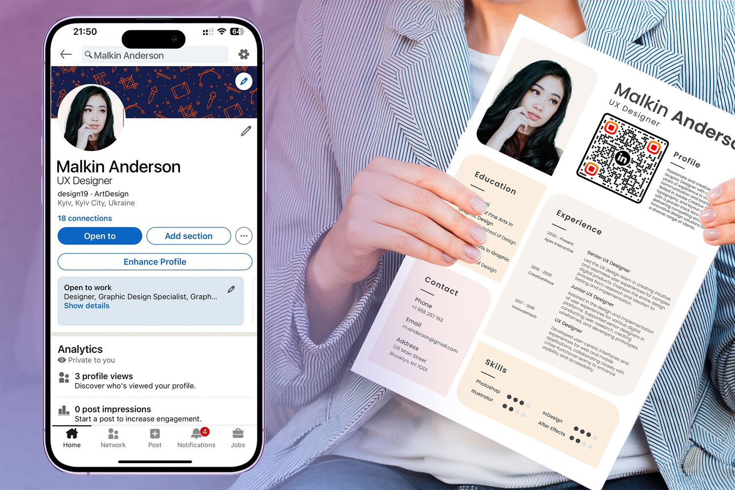 Example of how to share a LinkedIn profile with a QR code