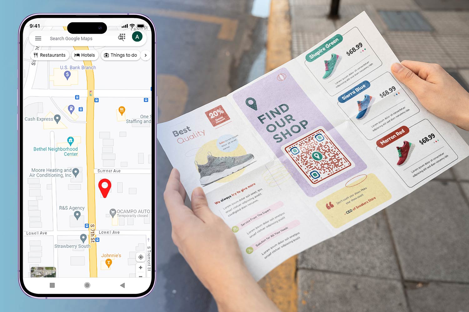 Main image showing an address QR code on a map background