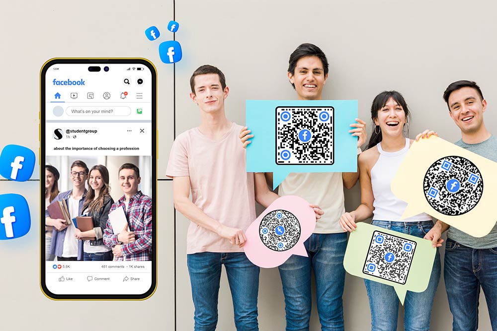 En collage som viser en QR-kode, Facebook-logo og en gruppe mennesker