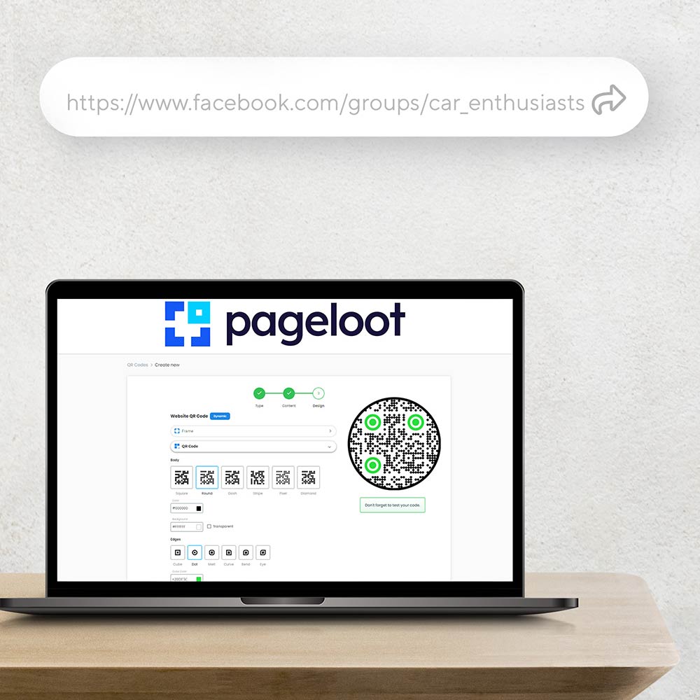 Bruker limer inn Facebook-gruppens URL i en QR-kodegenerator