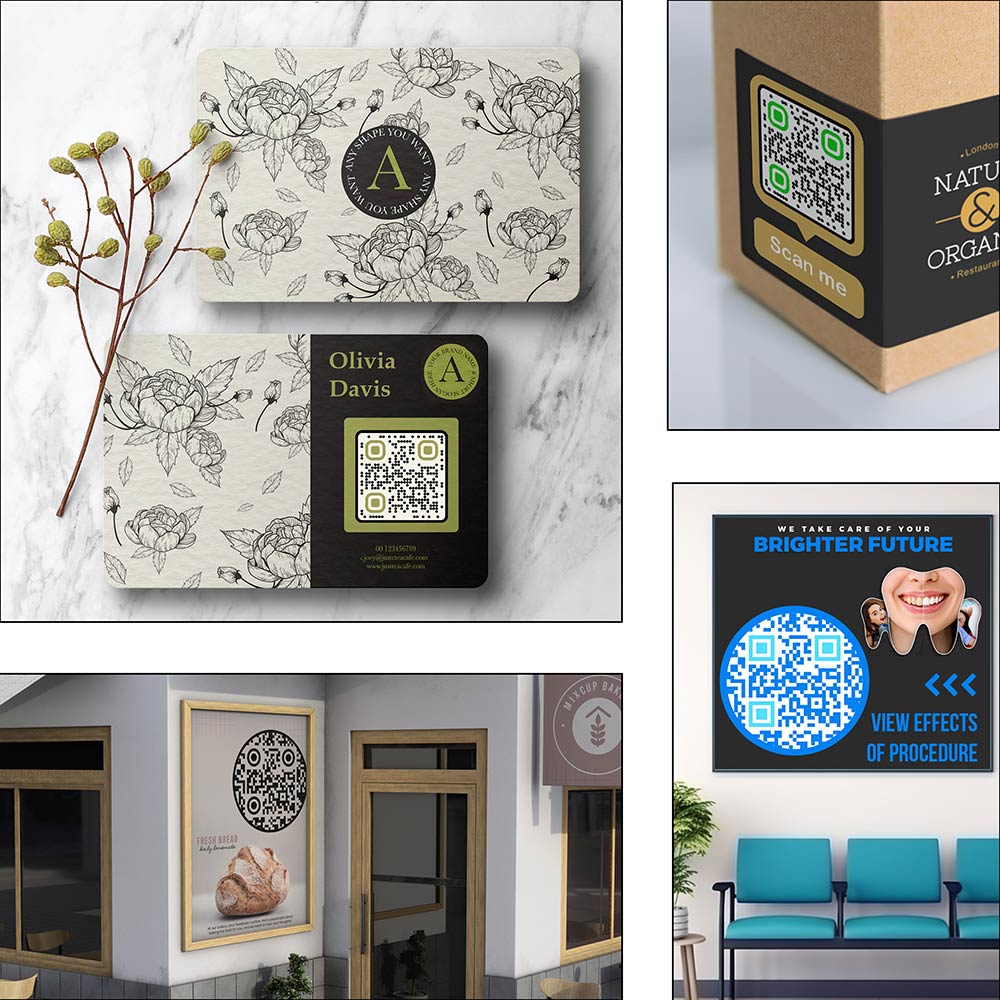 Variedad de artículos como tarjetas de visita, etiquetas de productos y carteles, todos ellos con códigos QR