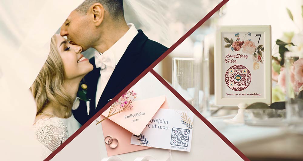 Un collage de varias escenas de bodas con Códigos QR en invitaciones, menús y tablas de asientos
