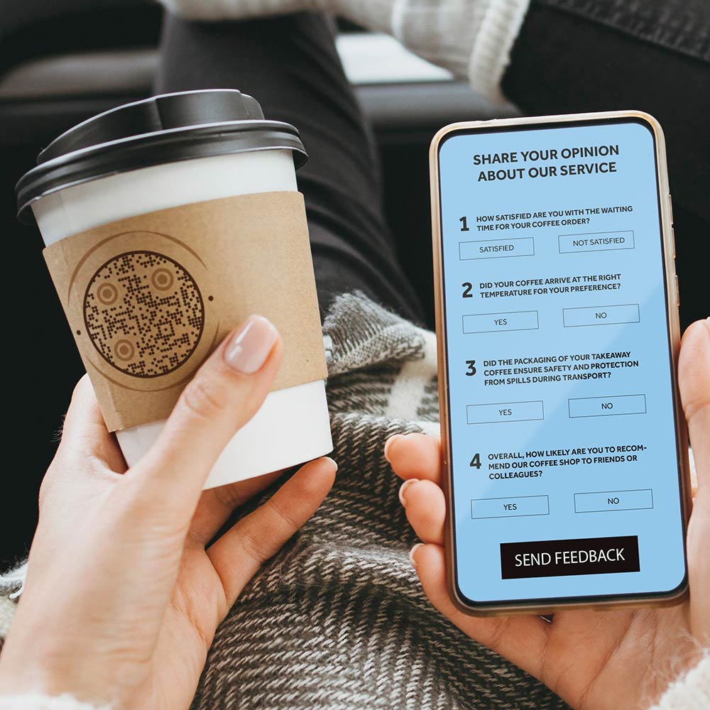 Close-up of a smartphone screen displaying a QR Code linked feedback form with targeted questions