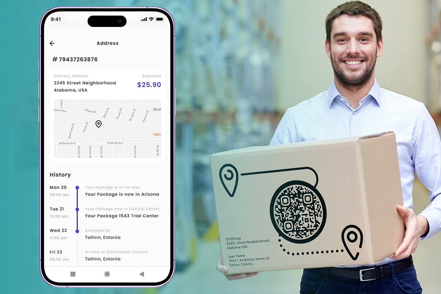 A fő kép különböző QR-kódokat mutat be nyomon követési adatokkal