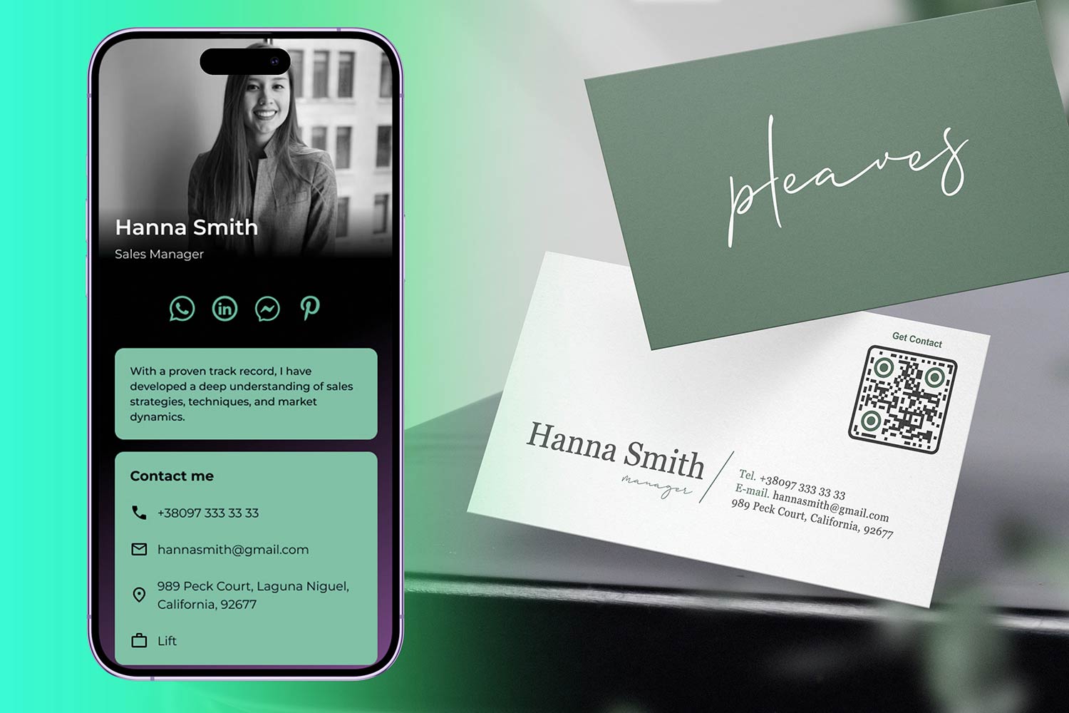 Una elegante tarjeta de visita con código QR y vista previa de la página de destino