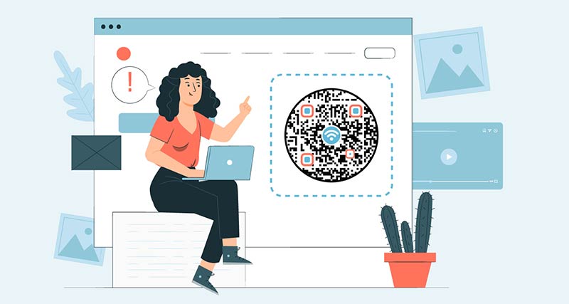 Mujer sentada en un portátil con un código QR de Wi-Fi gratuito