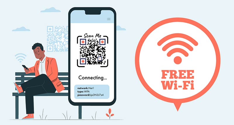 Un tipo usando un código QR sentado en un banco