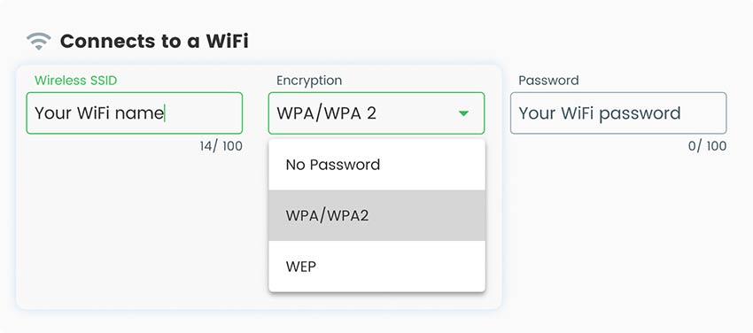 Captura de pantalla que muestra el campo de código QR WiFi SSID
