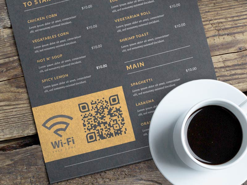 Menú de cafetería con código QR WiFi incorporado