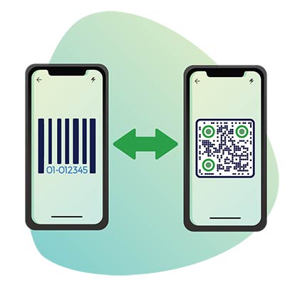 dos teléfonos con un código QR y un código de barras