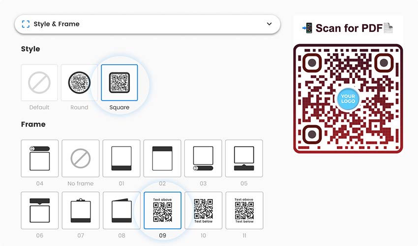 En la sección 'Estilo y Marco' del Generador de Códigos QR Pageloot, elige la forma y el marco del Código QR PDF