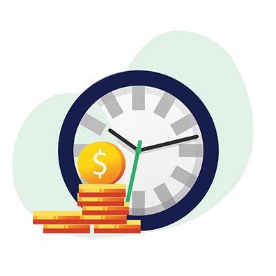 Una bolsa de dinero cerca de un reloj y monedas de oro