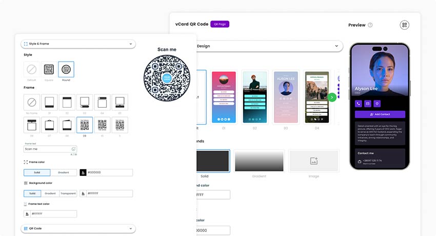 Captura de pantalla de la ventana de diseño del generador de códigos QR para tarjetas de visita