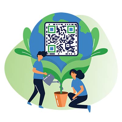 Paar inimest kastab QR-koodiga varustatud potis olevat puud