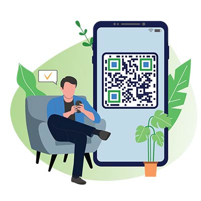 Mees istub ja kasutab oma telefonis digitaalset äri QR-koodi