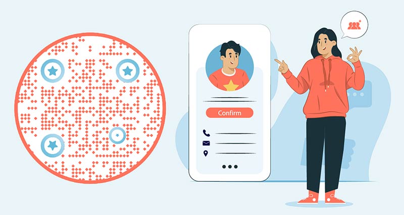 Noor naine kasutab QR-koodi, et vaadata kellegi'digitaalset visiitkaarti.