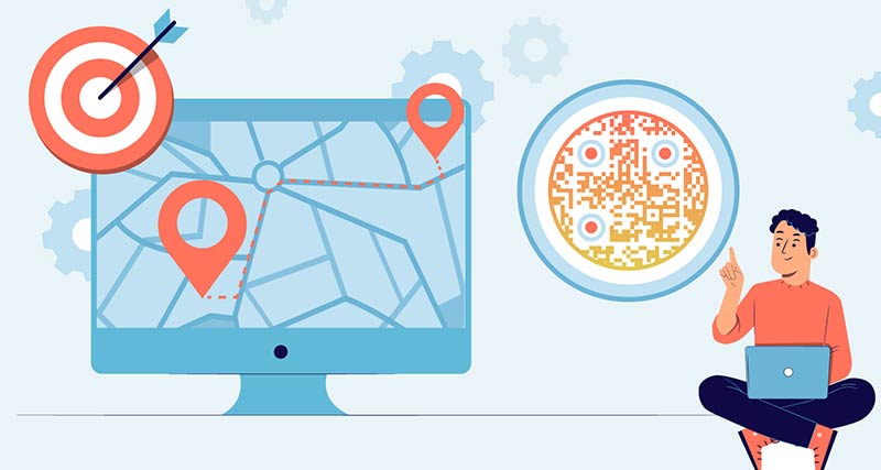 a webpage with location icons on a map near QR Code image