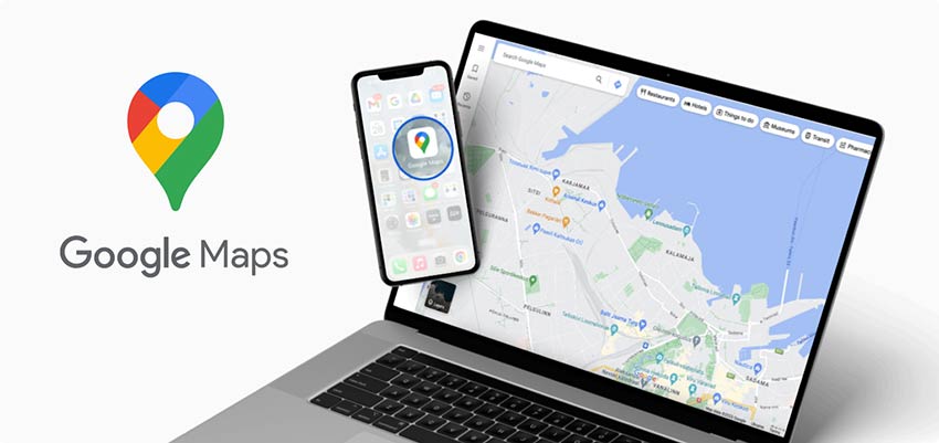Google Maps QR opened on a laptop screen and highlights Google Maps app on a phone