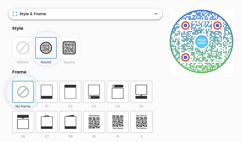 in ‘Style & Frame’ section in Google Maps QR code generator, choose style and frame of the QR code