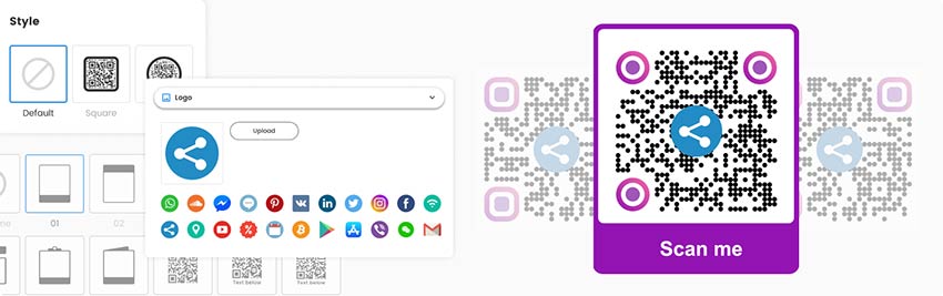 En la sección "Estilo" del generador de códigos QR de Pageloot Image, selecciona logotipos y estilos para el código QR