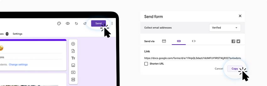 pulsa el botón "Enviar", en "Enviar formulario" pulsa el botón "Copiar" para guardar el enlace con Google Form