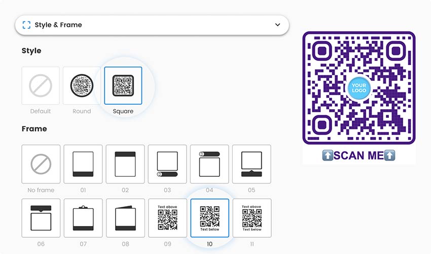 en la sección "Estilo y marco", cambia la forma y el marco del código QR del formulario de Google, añade la llamada a la acción