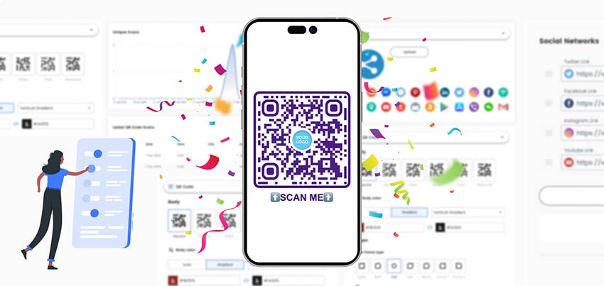 teléfono con Código QR con icono de logotipo y resumen de funcionalidad premium en Pageloot Generador de Códigos QR