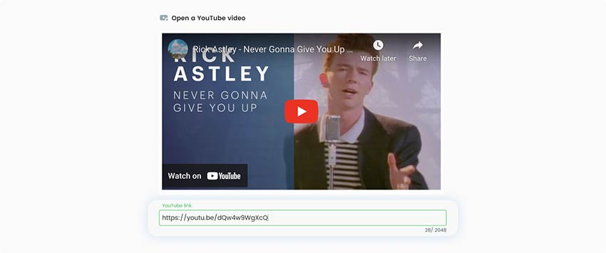 Pega el enlace del vídeo de YouTube en el campo "Abrir un vídeo de YouTube" en Pageloot Generador de códigos QR