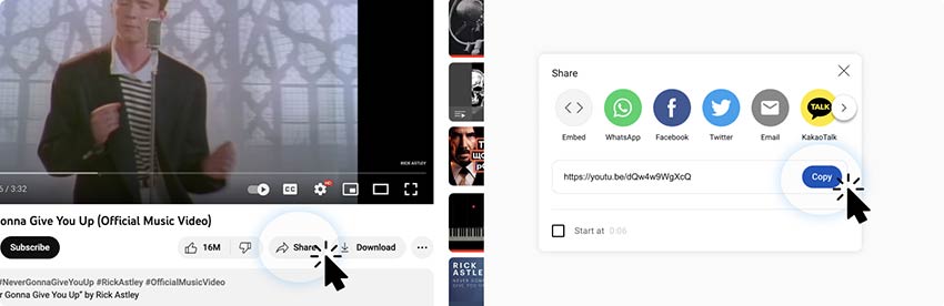 Haz clic en el botón "Compartir" y copia el enlace del vídeo de YouTube en el código QR
