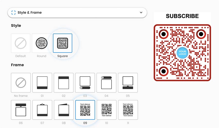 cambia la forma y el marco del Código QR de YouTube, añade una llamada a la acción en la sección "Estilo y marco".