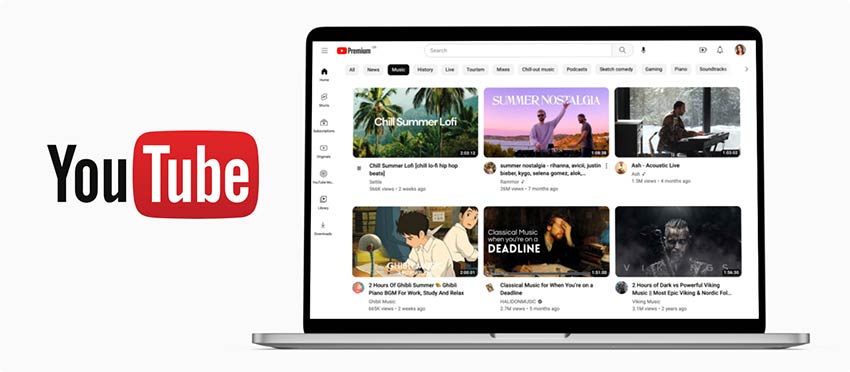 Logotipo de YouTube y página de inicio de YouTube abiertos en un portátil