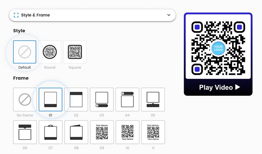 cambiar el estilo y el marco del Código QR del vídeo en la sección "Estilo y marco