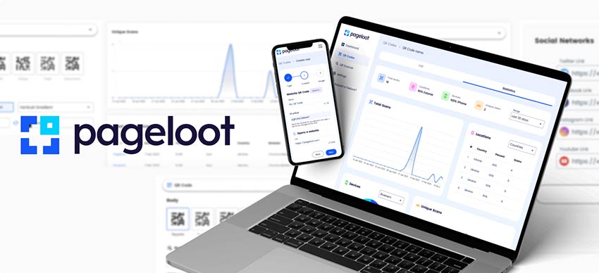 vista previa de la plataforma del Generador de Códigos QR Pageloot en el teléfono y en el portátil con el panel abierto