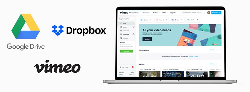 Logotipos de Google Drive, Dropbox y Vimeo con una vista previa del código QR del vídeo en el portátil