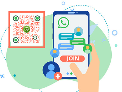 Un teléfono que muestra un grupo de WhatsApp y un código QR de WhatsApp