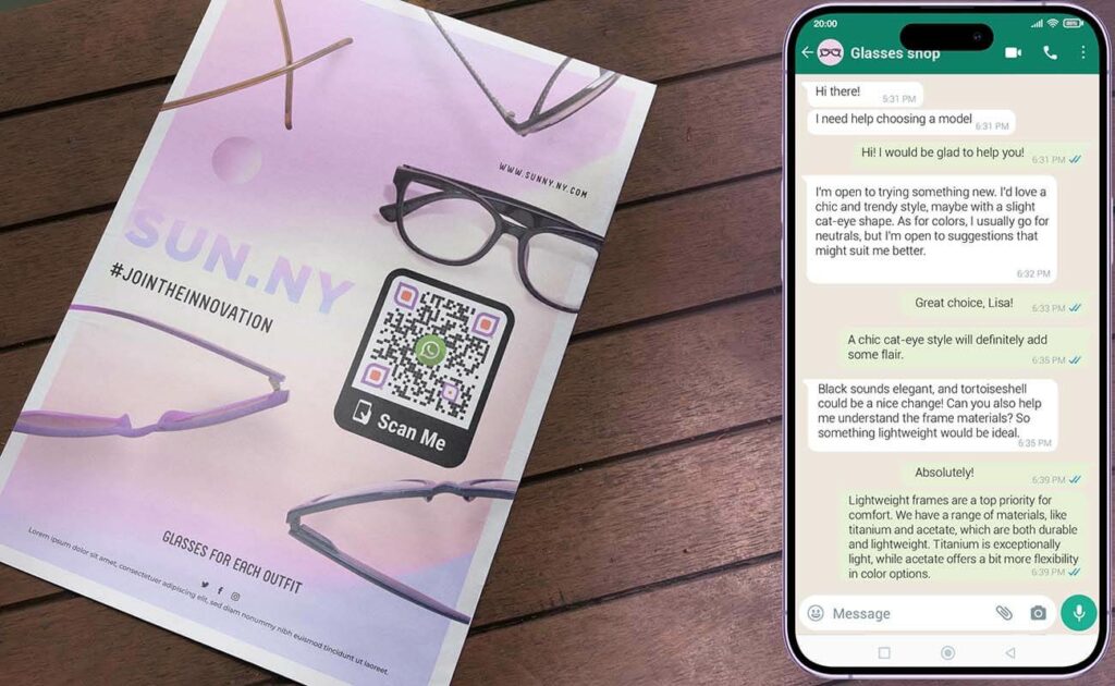 Código QR para unirte a la conversación de WhatsApp con la empresa de gafas