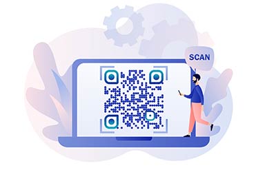 Un hombre escanea un código QR de Facebook desde la pantalla de un enorme ordenador portátil