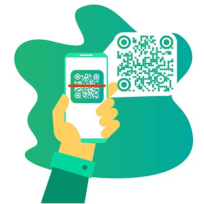 Mano escaneando el código QR de Facebook sobre fondo verde