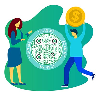 2 personas de pie alrededor del código QR de Facebook sobre fondo verde