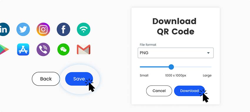 Captura de pantalla del botón de descarga del código QR de Facebook con la posibilidad de compartir en todas las redes sociales y seleccionar el tamaño mediante el control deslizante
