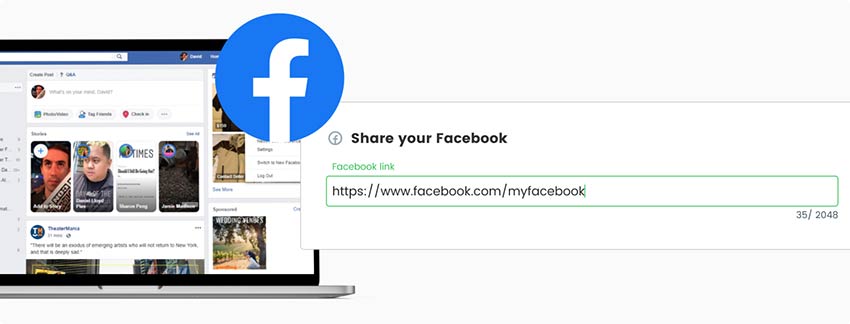 Captura de pantalla del campo de entrada del enlace QR y del enlace de Facebook
