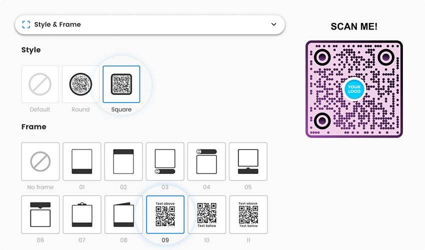 Código qr modificable con elección de estilo y marco