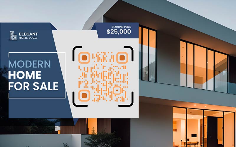 Tarjeta de visita con código QR dinámico sobre fondo inmobiliario