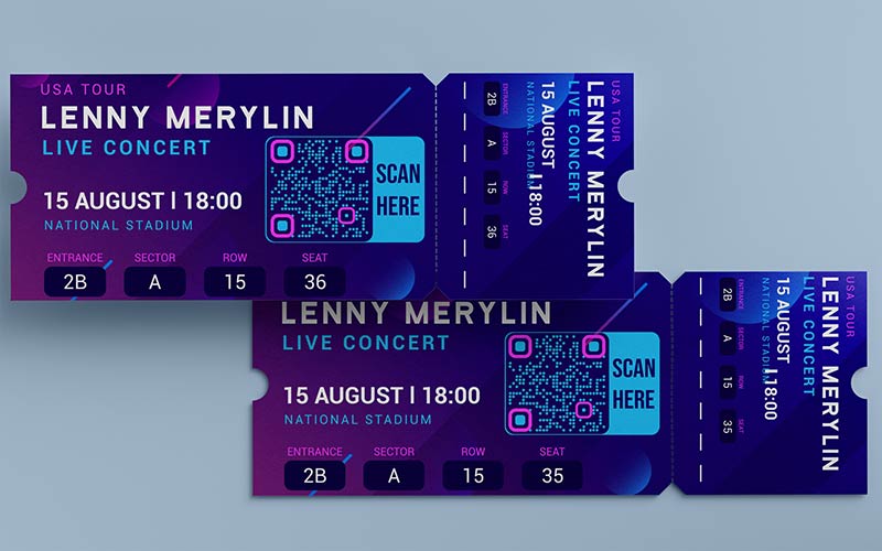 Entradas de concierto moradas con código QR dinámico sobre fondo azul